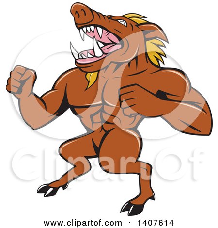 Clipart of a Cartoon Furious Muscular Boar Standing on His Hind Legs, Roaring and Beating His Chest - Royalty Free Vector Illustration by patrimonio