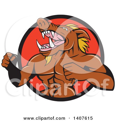 Clipart of a Cartoon Furious Muscular Boar Roaring and Beating His Chest, Emerging from a Black and Red Circle - Royalty Free Vector Illustration by patrimonio