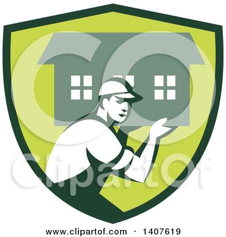Clipart of a Retro Male Mover Carrying a House in a Green Shield - Royalty Free Vector Illustration by patrimonio