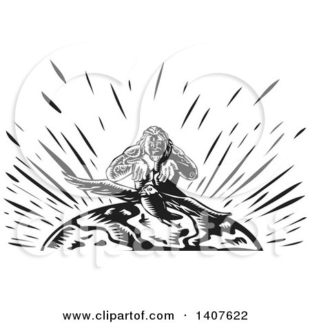 Clipart of a Black and White Retro Woodcut Samoan God, Tagaloa, Releasing His Plover Bird Daughter to Earth - Royalty Free Vector Illustration by patrimonio