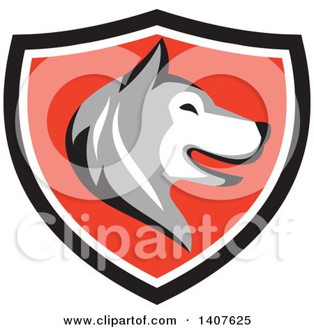 Clipart of a Retro Alaskan Malamute Husky Dog Head in Profile in a Black White and Red Shield - Royalty Free Vector Illustration by patrimonio