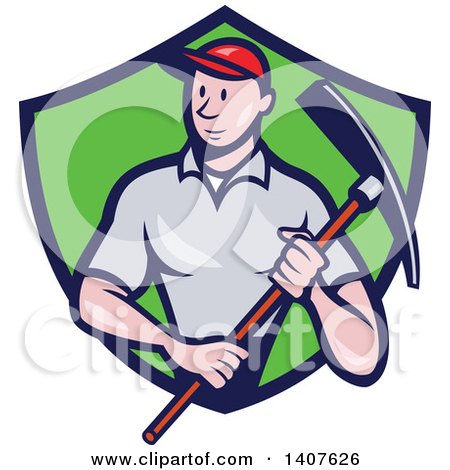 Clipart of a Retro Cartoon Male Construction Worker Holding a Pickaxe and Emerging from a Green and Blue Shield - Royalty Free Vector Illustration by patrimonio