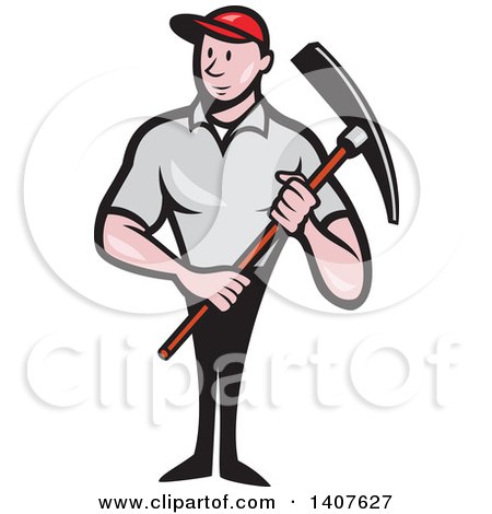 Clipart of a Retro Cartoon Male Construction Worker Holding a Pickaxe - Royalty Free Vector Illustration by patrimonio