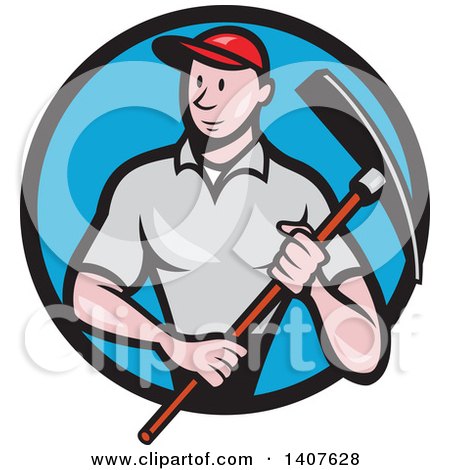 Clipart of a Retro Cartoon Male Construction Worker Holding a Pickaxe and Emerging from a Black and Blue Circle - Royalty Free Vector Illustration by patrimonio