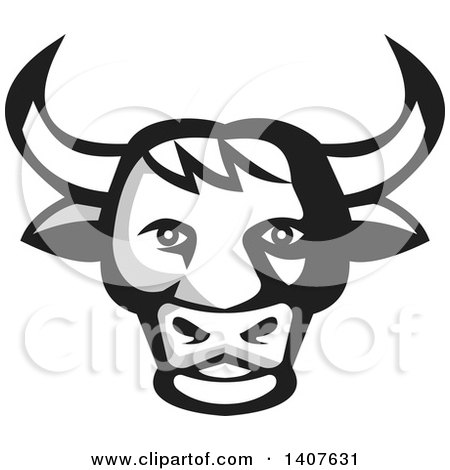 Clipart of a Retro Grayscale Bull Head - Royalty Free Vector Illustration by patrimonio