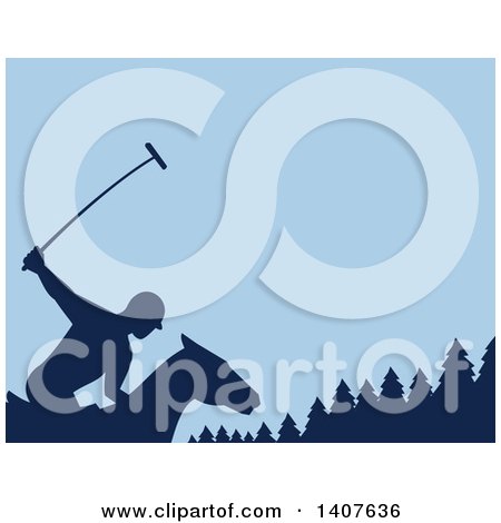 Clipart of a Silhouetted Polo Player on Horseback, Swinging a Mallet Against Evergreen Trees and Blue - Royalty Free Vector Illustration by patrimonio