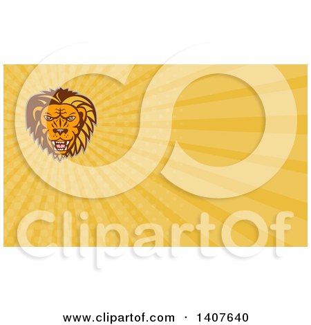 Clipart of a Retro Angry Roaring Male Lion Head and Orange Rays Background or Business Card Design - Royalty Free Illustration by patrimonio