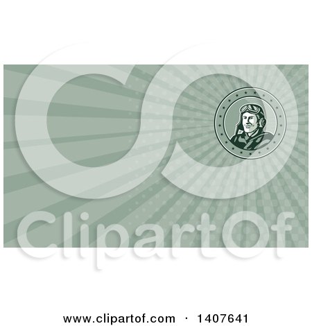 Clipart of a Retro World War One Male Pilot Aviator and Green Rays Background or Business Card Design - Royalty Free Illustration by patrimonio