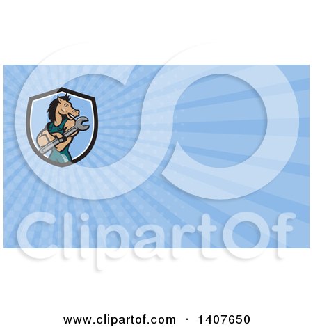Clipart of a Cartoon Mechanic Horse Holding a Wrench and Blue Rays Background or Business Card Design - Royalty Free Illustration by patrimonio