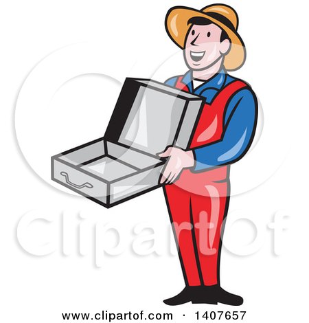 Clipart of a Retro Cartoon Man Wearing a Hat and Overalls, Smiling and Holding an Empty Open Suitcase - Royalty Free Vector Illustration by patrimonio