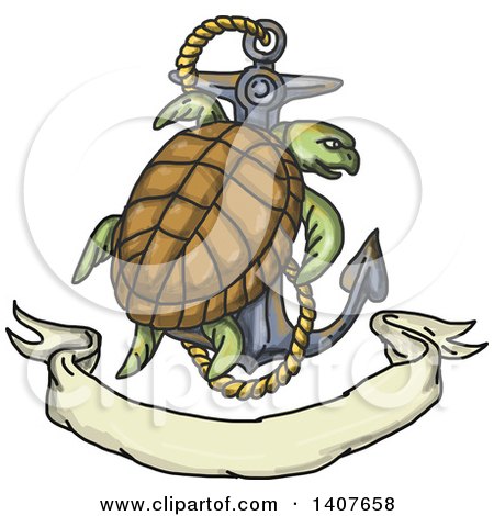 Clipart of a Sketched Kemp's Ridley Sea Turtle Climbing on an Anchor, with Rope over a Banner - Royalty Free Vector Illustration by patrimonio