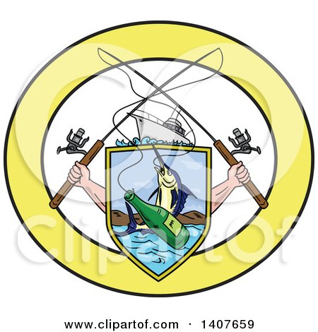 Clipart of Sketched Crossed Arms Holding Fishing Rods over a Shield with a Marlin Fish and Beer Bottle over Water, in a Yellow and White Oval - Royalty Free Vector Illustration by patrimonio