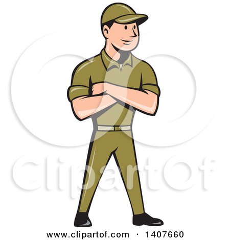 Clipart of a Retro Cartoon Tradesman in a Green Uniform, Standing with Folded Arms - Royalty Free Vector Illustration by patrimonio