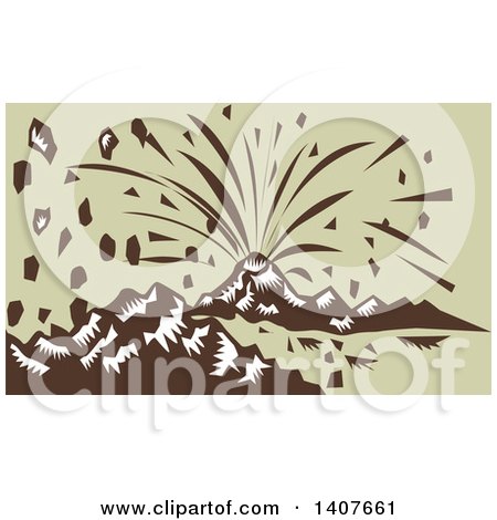 Clipart of a Retro Woodcut Volcano Erupting on Green - Royalty Free Vector Illustration by patrimonio