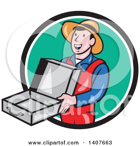 Clipart of a Retro Cartoon Man Wearing a Hat and Overalls, Smiling and Holding an Empty Open Suitcase - Royalty Free Vector Illustration by patrimonio