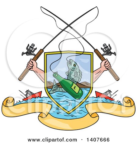Clipart of Sketched Crossed Arms Holding Fishing Rods over a Shield with a Marlin Fish and Beer Bottle over Water, Ships and Banners - Royalty Free Vector Illustration by patrimonio
