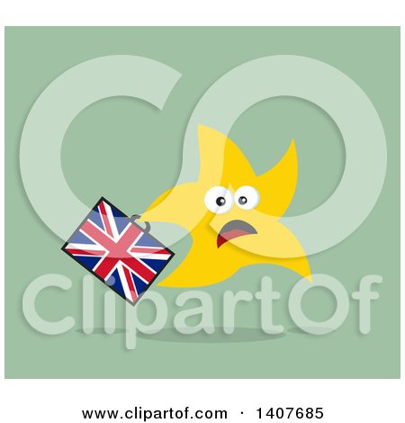 Clipart of a Flat Design Brexit Scared Star Running with a Union Jack Briefcase, on Green - Royalty Free Vector Illustration by Hit Toon