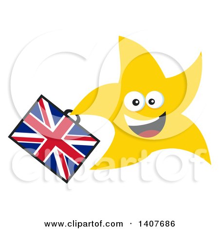 Clipart of a Flat Design Brexit Happy Star Running with a Union Jack Briefcase - Royalty Free Vector Illustration by Hit Toon