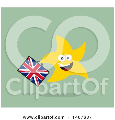 Clipart of a Flat Design Brexit Happy Star Running with a Union Jack Briefcase, on Green - Royalty Free Vector Illustration by Hit Toon