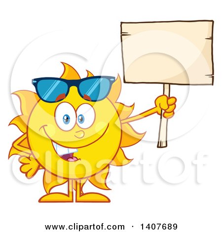 Clipart of a Yellow Summer Time Sun Character Mascot Holding up a Blank Sign - Royalty Free Vector Illustration by Hit Toon