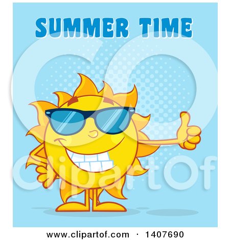 Clipart of a Yellow Summer Time Sun Character Mascot Giving a Thumb up over Blue - Royalty Free Vector Illustration by Hit Toon