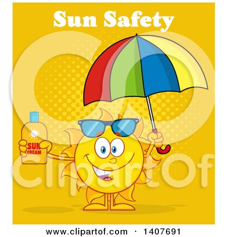 Clipart of a Yellow Summer Time Sun Character Mascot Holding an Umbrella and a Bottle of Lotion, over Orange - Royalty Free Vector Illustration by Hit Toon