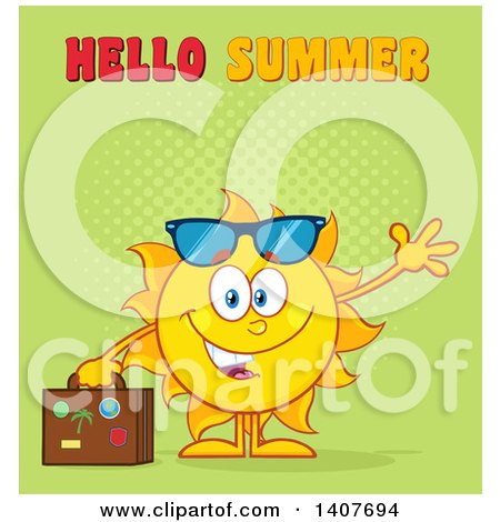 Clipart of a Yellow Summer Time Sun Character Mascot Waving and Holding a Suitcase - Royalty Free Vector Illustration by Hit Toon