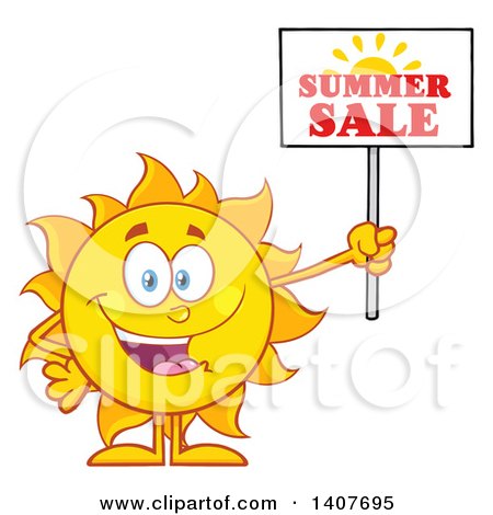 Clipart of a Yellow Summer Time Sun Character Mascot Holding up a Sale Sign - Royalty Free Vector Illustration by Hit Toon