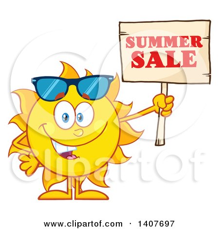 Clipart of a Yellow Summer Time Sun Character Mascot Holding up a Wood Sale Sign - Royalty Free Vector Illustration by Hit Toon