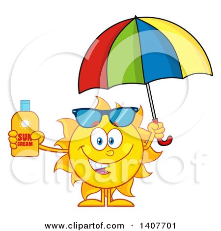 Clipart of a Yellow Summer Time Sun Character Mascot Holding an Umbrella and a Bottle of Lotion - Royalty Free Vector Illustration by Hit Toon