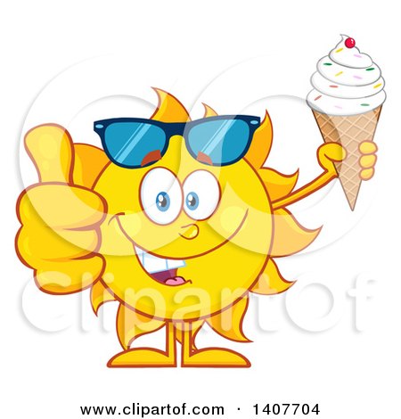 Clipart of a Yellow Summer Time Sun Character Mascot Holding a Waffle Ice Cream Cone and Giving a Thumb up - Royalty Free Vector Illustration by Hit Toon
