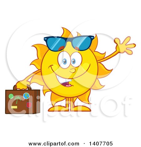 Clipart of a Yellow Summer Time Sun Character Mascot Waving and Holding a Suitcase - Royalty Free Vector Illustration by Hit Toon