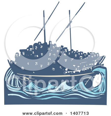 Clipart of a Blue Woodcut Dhow Ship Crowded with Refugees on the Ocean - Royalty Free Vector Illustration by xunantunich