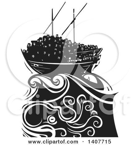 Clipart of a Black and White Woodcut Dhow Ship Crowded with Refugees on a Stormy Ocean - Royalty Free Vector Illustration by xunantunich