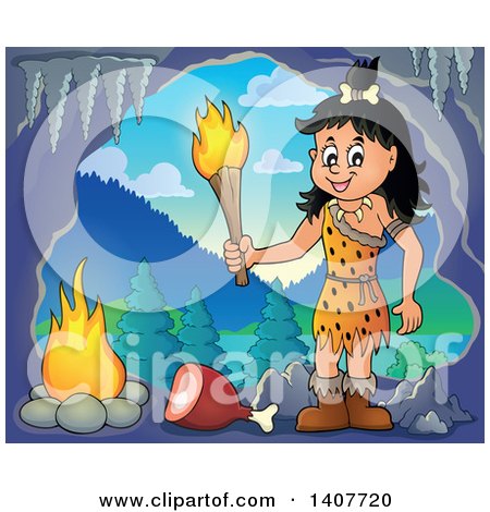 Clipart of a Cavewoman Holding a Torch over Meat and a Fire in a Cave - Royalty Free Vector Illustration by visekart