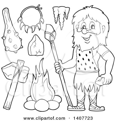 Clipart of a Black and White Lineart Caveman and Accessories - Royalty Free Vector Illustration by visekart