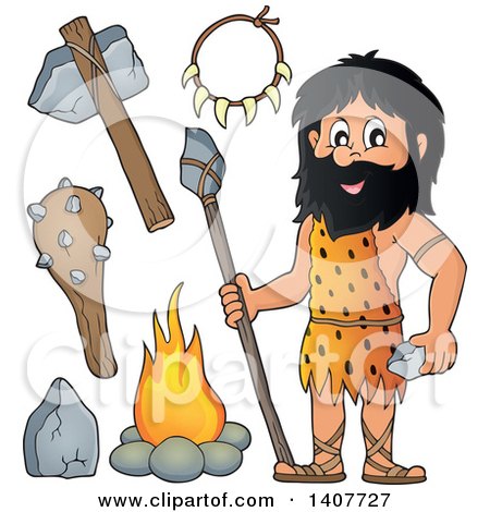 Clipart of a Caveman and Accessories - Royalty Free Vector Illustration by visekart