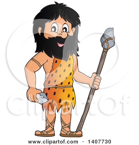 Clipart of a Caveman Holding a Stone Spear and Rock - Royalty Free Vector Illustration by visekart