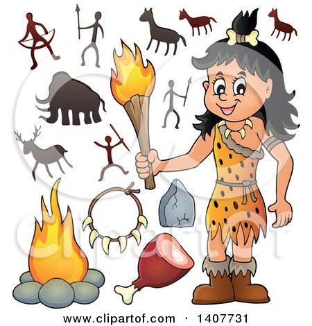 Clipart of a Cavewoman Holding a Torch, Petroglyph, and Accessories - Royalty Free Vector Illustration by visekart