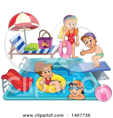 Clipart of Children Foating on Inner Tubes and Swimming at a Pool Party - Royalty Free Vector Illustration by visekart