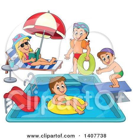 Clipart of Children Foating on Inner Tubes and Swimming at a Pool Party - Royalty Free Vector Illustration by visekart