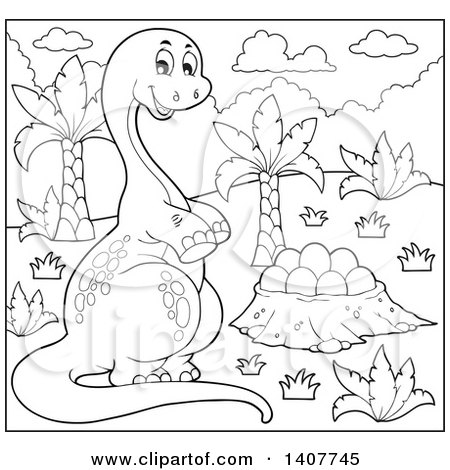 Clipart of a Black and White Lineart Happy Apatosaurus Dinosaur by a Nest - Royalty Free Vector Illustration by visekart