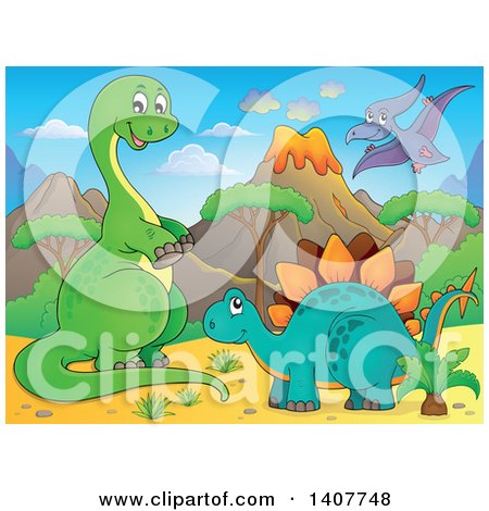 Clipart of a Happy Green Apatosaurus Dinosaur, Stegosaur and Pterodactyl in a Volcanic Landscape - Royalty Free Vector Illustration by visekart