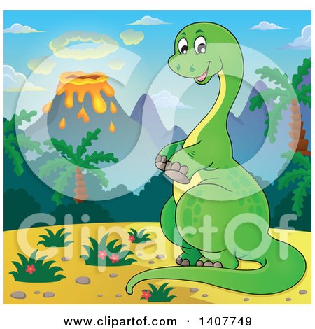 Clipart of a Happy Green Apatosaurus Dinosaur in a Volcanic Landscape - Royalty Free Vector Illustration by visekart
