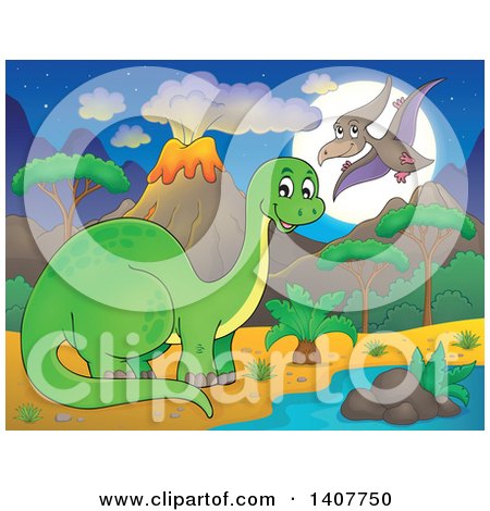 Clipart of a Happy Green Apatosaurus Dinosaur and Pterodactyl in a Volcanic Landscape at Night - Royalty Free Vector Illustration by visekart