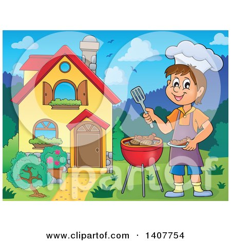 Clipart of a Happy Caucasian Boy Cooking on a Bbq Grill by His House - Royalty Free Vector Illustration by visekart
