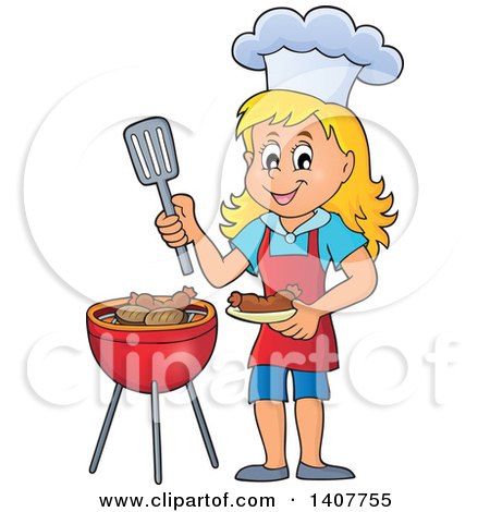 Clipart of a Happy Caucasian Girl Cooking on a Bbq Grill - Royalty Free Vector Illustration by visekart