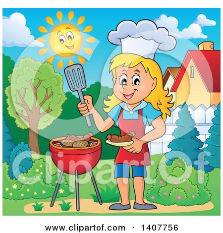 Clipart of a Happy Caucasian Girl Cooking on a Bbq Grill in a Yard - Royalty Free Vector Illustration by visekart