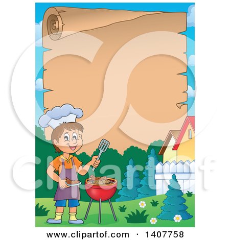 Clipart of a Scroll Border of a Happy Caucasian Boy Cooking on a Bbq Grill - Royalty Free Vector Illustration by visekart