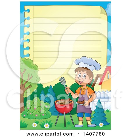 Clipart of a Ruled Paper Border of a Happy Caucasian Boy Cooking on a Bbq Grill - Royalty Free Vector Illustration by visekart
